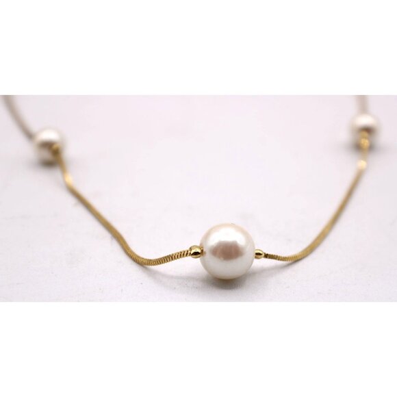 Dainty Gold-Tone Faux Pearl Station Necklace Vintage Delicate 24" Snake Chain - Picture 4 of 10
